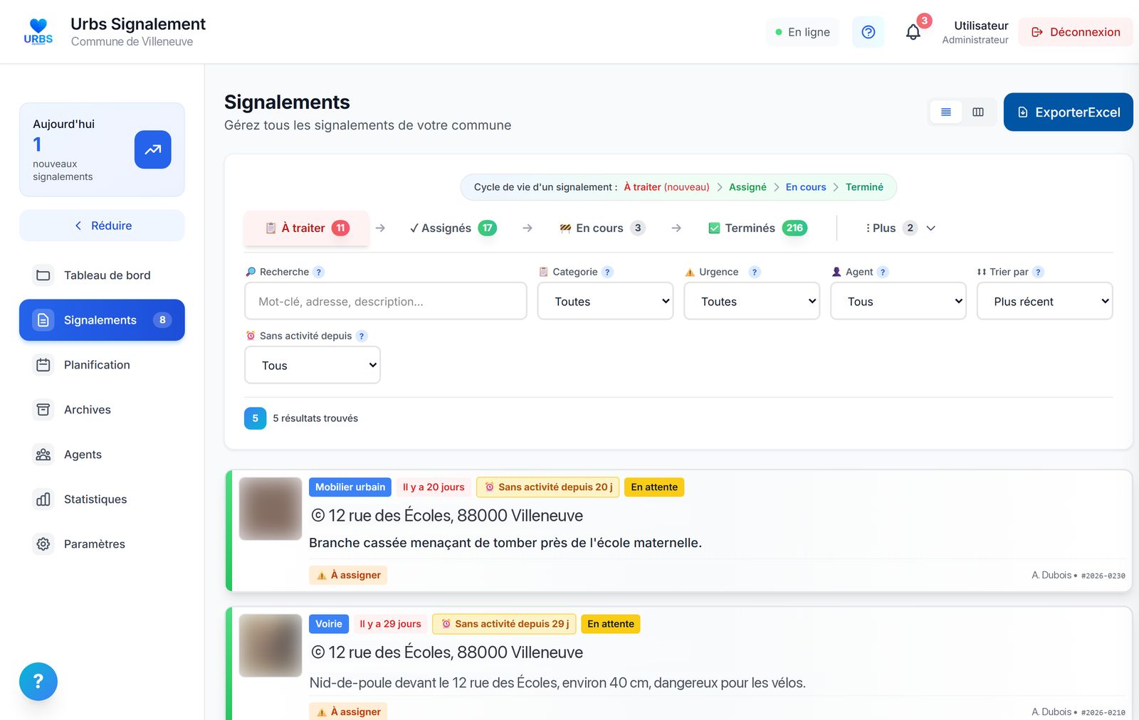 Liste des demandes filtrable par catégorie, urgence et agent, avec l'alerte « sans activité depuis 20 jours » sur les demandes qui traînent.