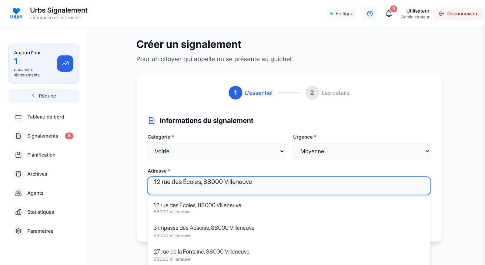 Écran de saisie d'une demande : catégorie, urgence et adresse proposée automatiquement pendant la frappe.